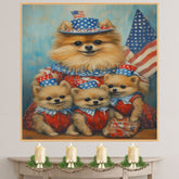 Adorable Pomeranian Dog Family in Red White and Blue Outfits Celebrating Fourth of July with American Flags and Star Hats on Ready to Hang 1.5" Thick Canvas Wrap, Floating Framed Canvas, Flat Rolled Canvas